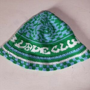 Green and blue knitted bucket hat from jaded london